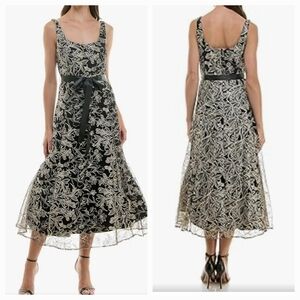 MAISON TARA Sleeveless Scoop Neck Embroidered Mesh Midi Dress Sz 16